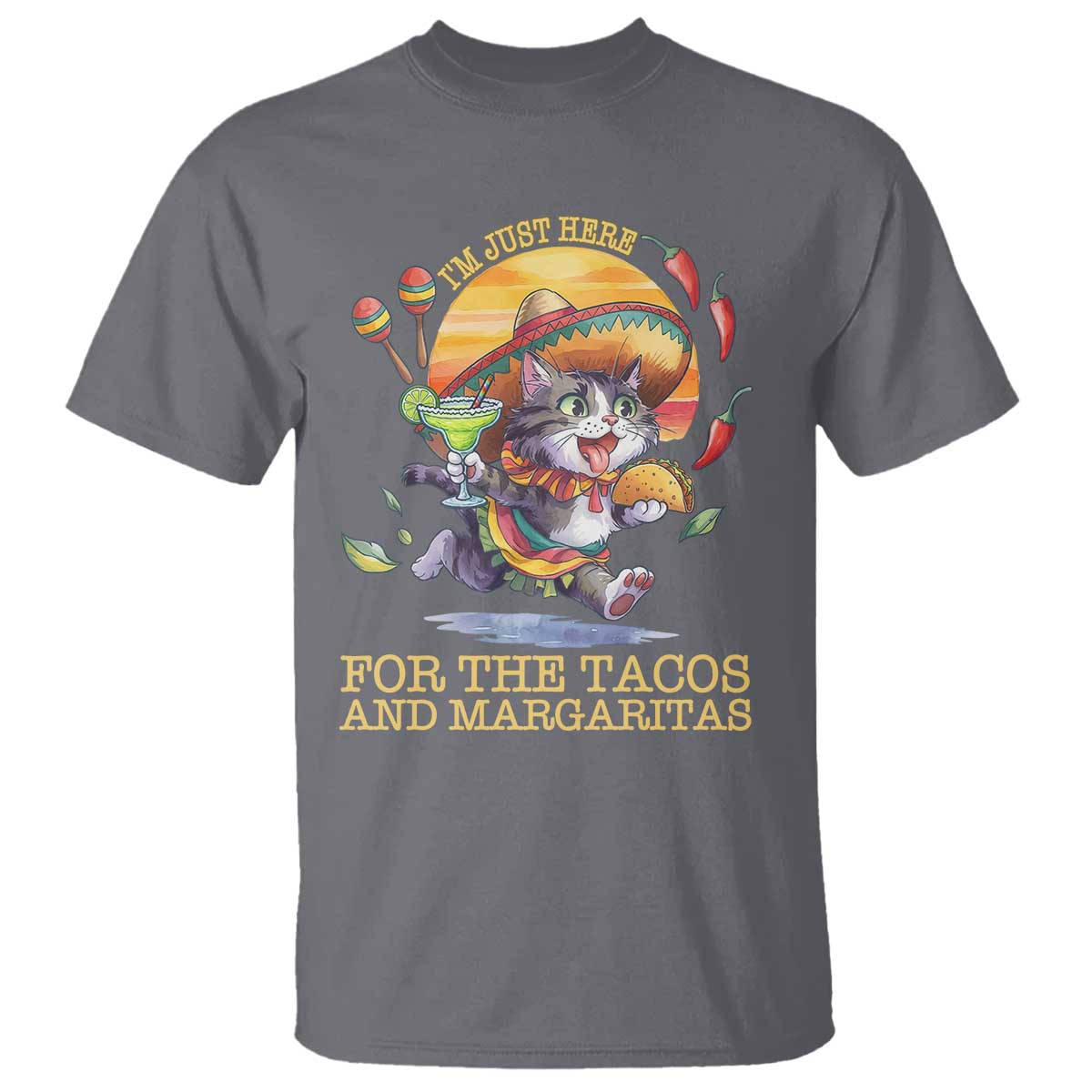 Funny Cinco De Mayo Cat T Shirt Just Here For The Tacos And Margaritas TS12 Charcoal Print Your Wear