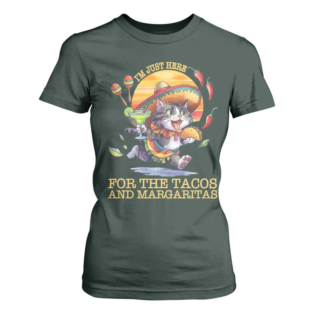 Funny Cinco De Mayo Cat T Shirt For Women Just Here For The Tacos And Margaritas TS12 Dark Forest Green Print Your Wear