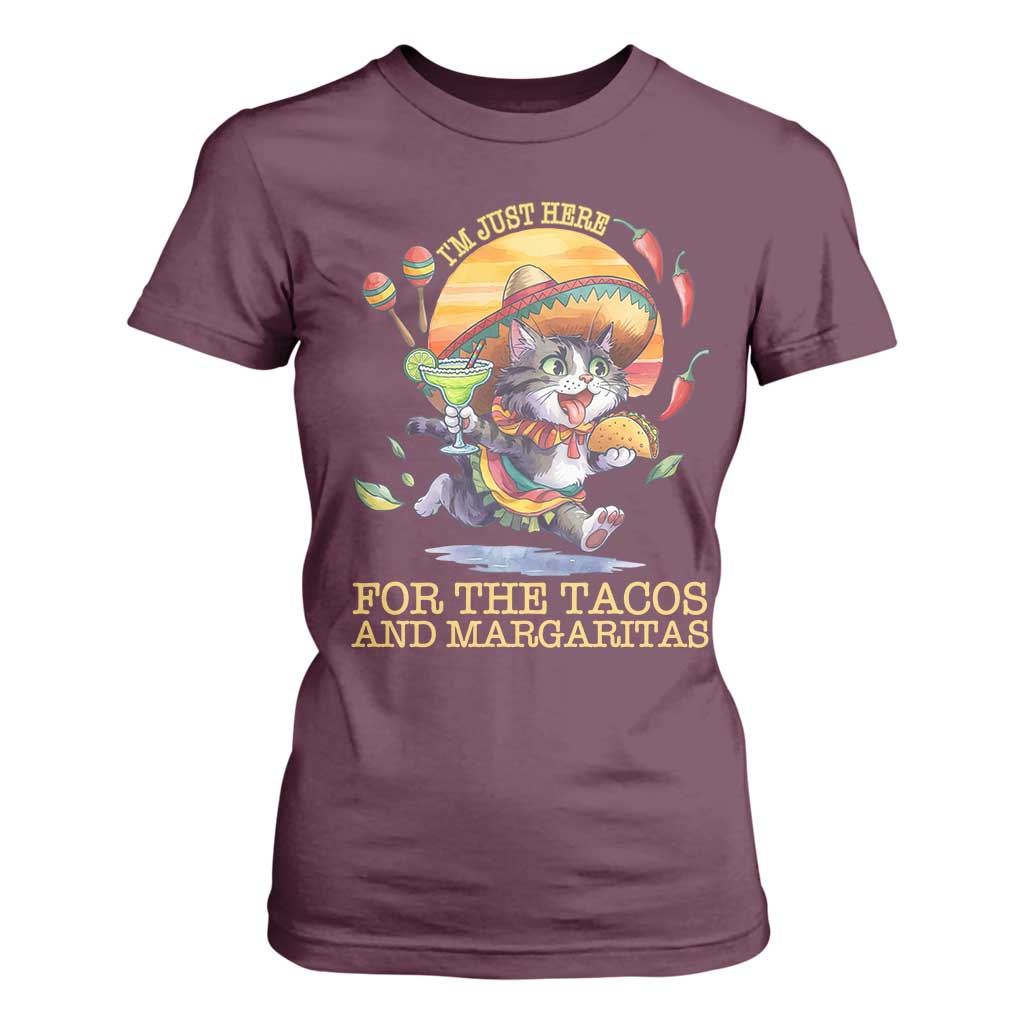 Funny Cinco De Mayo Cat T Shirt For Women Just Here For The Tacos And Margaritas TS12 Maroon Print Your Wear