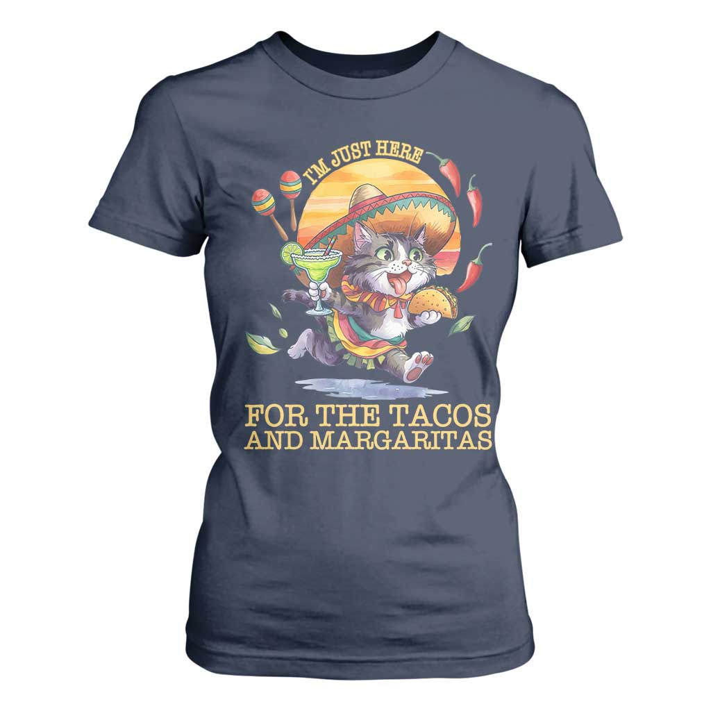 Funny Cinco De Mayo Cat T Shirt For Women Just Here For The Tacos And Margaritas TS12 Navy Print Your Wear