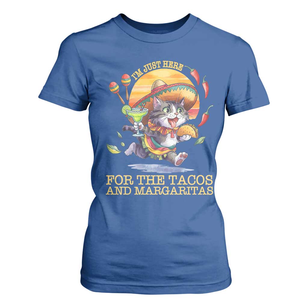 Funny Cinco De Mayo Cat T Shirt For Women Just Here For The Tacos And Margaritas TS12 Royal Blue Print Your Wear