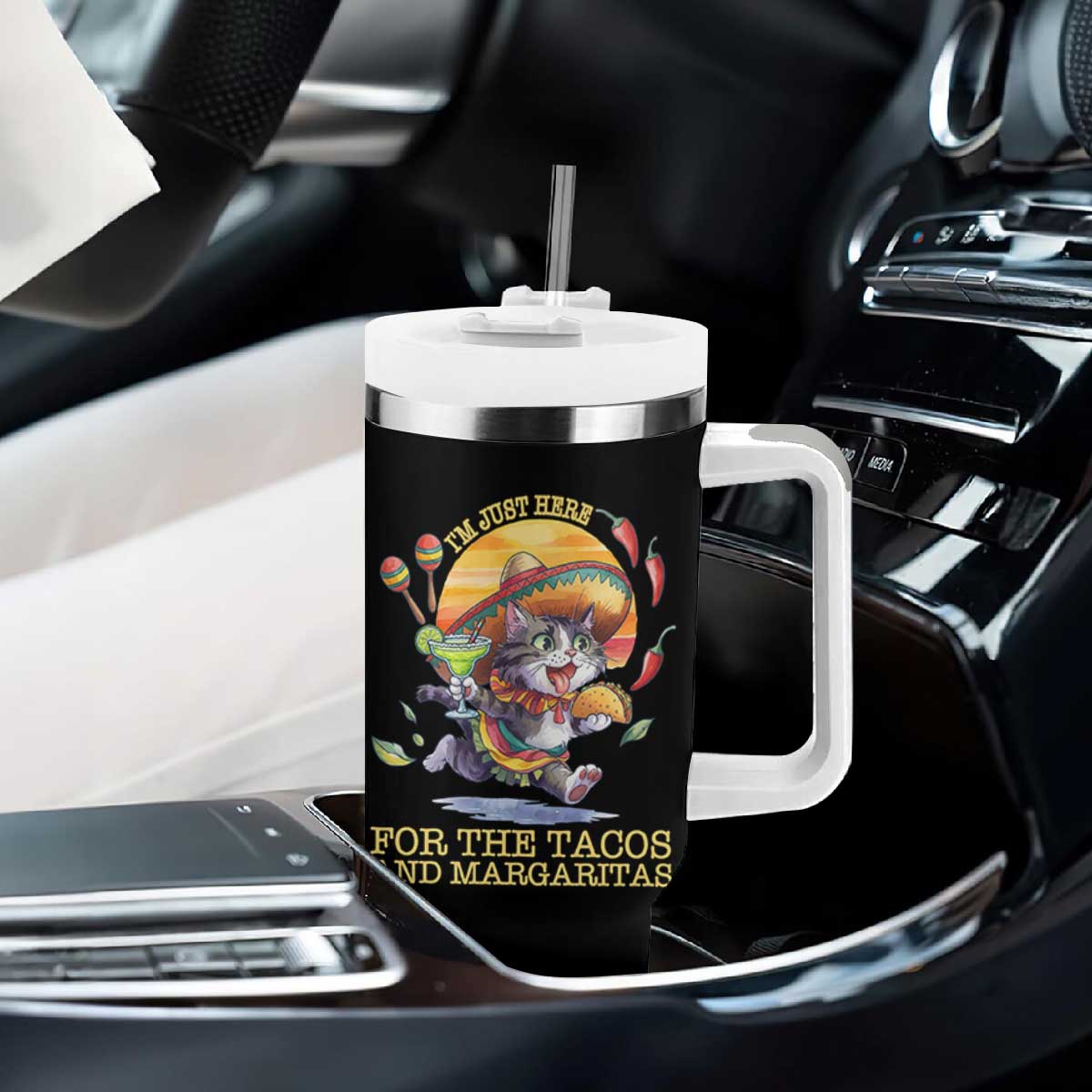 Funny Cinco De Mayo Cat Tumbler With Handle Just Here For The Tacos And Margaritas TS12 Print Your Wear