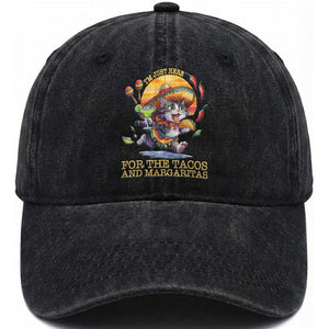 Funny Cinco De Mayo Cat Washed Cotton Baseball Cap Just Here For The Tacos And Margaritas TS12 Print Your Wear