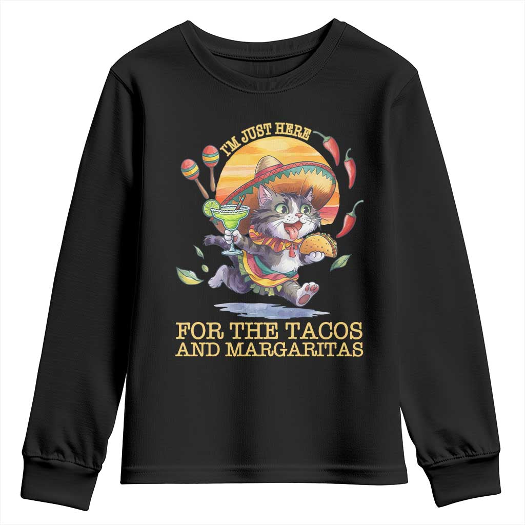 Funny Cinco De Mayo Cat Youth Sweatshirt Just Here For The Tacos And Margaritas TS12 Black Print Your Wear