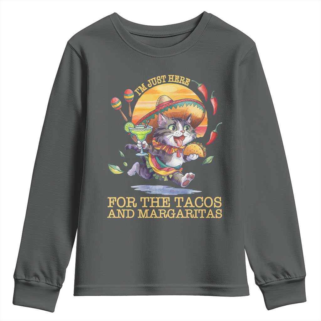 Funny Cinco De Mayo Cat Youth Sweatshirt Just Here For The Tacos And Margaritas TS12 Dark Heather Print Your Wear