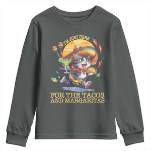 Funny Cinco De Mayo Cat Youth Sweatshirt Just Here For The Tacos And Margaritas TS12 Dark Heather Print Your Wear