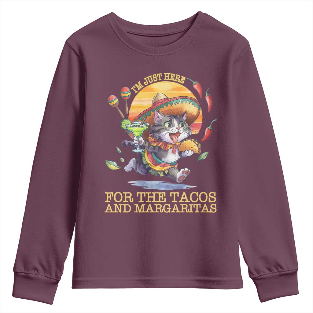 Funny Cinco De Mayo Cat Youth Sweatshirt Just Here For The Tacos And Margaritas TS12 Maroon Print Your Wear