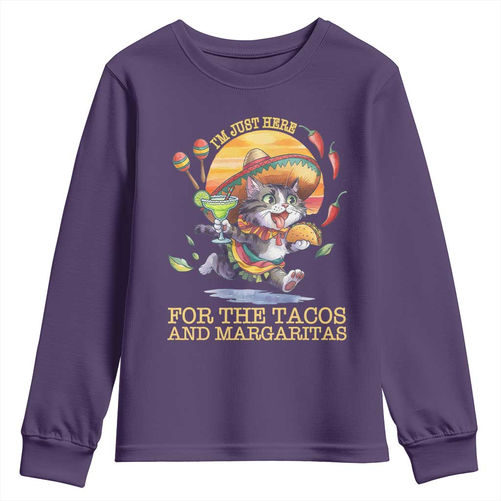 Funny Cinco De Mayo Cat Youth Sweatshirt Just Here For The Tacos And Margaritas TS12 Purple Print Your Wear