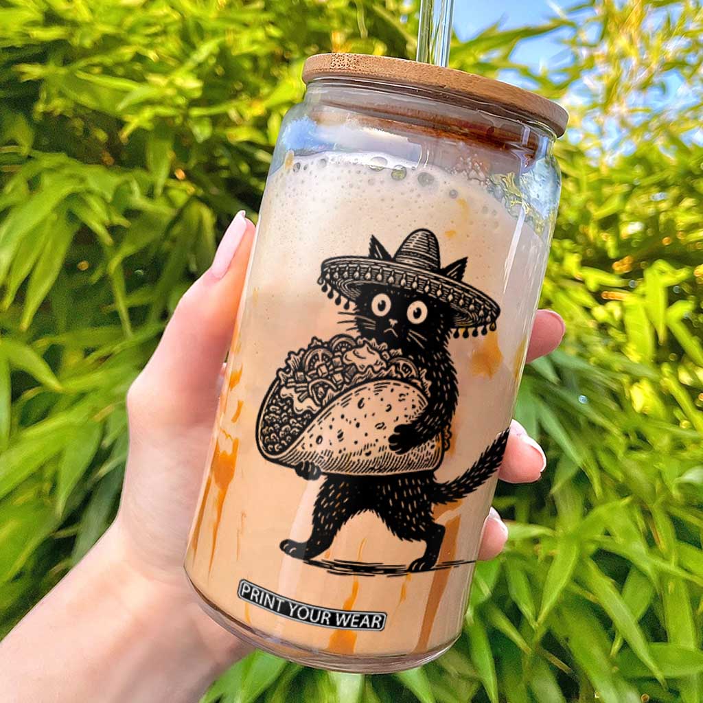 Funny Cinco De Mayo Black Cat With Taco Glass Can Mexican Food Gift TS12 White Print Your Wear