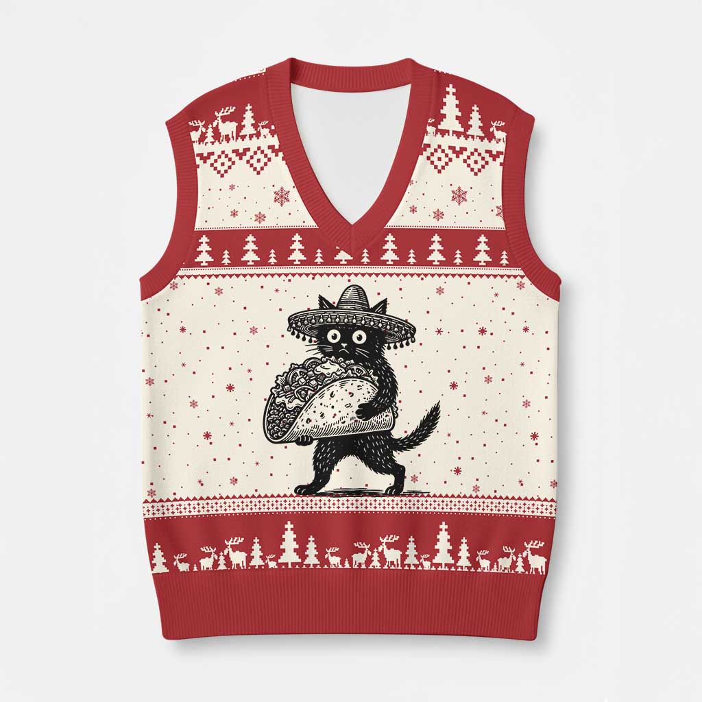 Funny Cinco De Mayo Black Cat With Taco V-Neck Knit Sweater Vest Mexican Food Gift TS12 Beige Red Print Your Wear