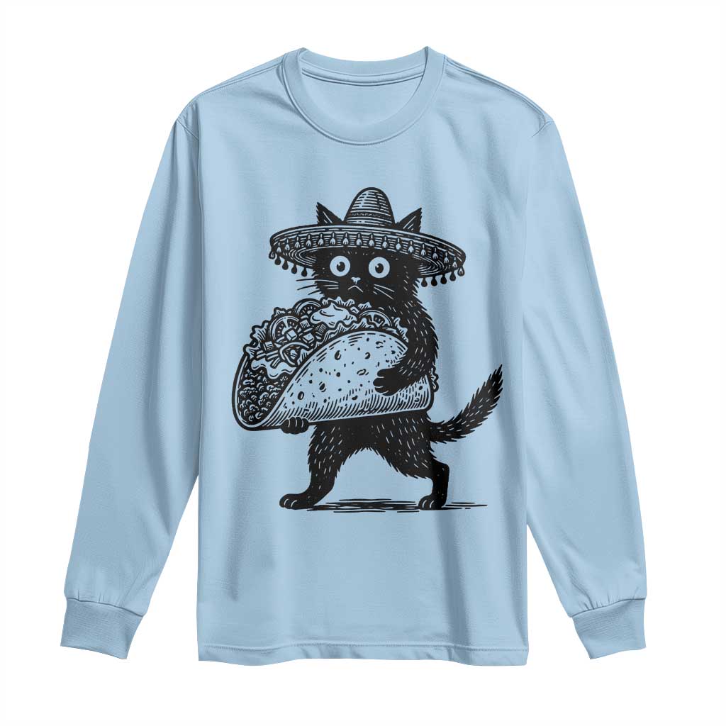 Funny Cinco De Mayo Black Cat With Taco Long Sleeve Shirt Mexican Food Gift TS12 Light Blue Print Your Wear