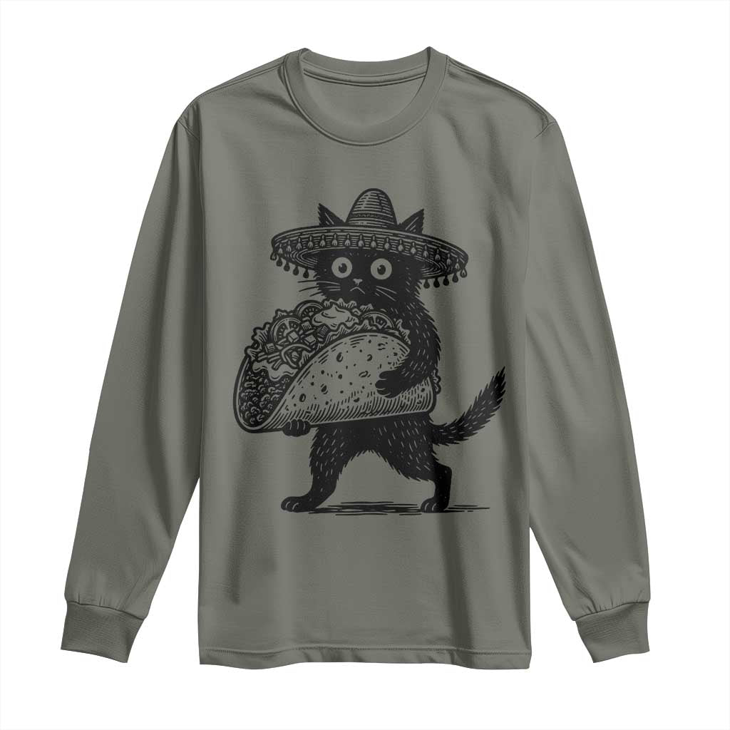 Funny Cinco De Mayo Black Cat With Taco Long Sleeve Shirt Mexican Food Gift TS12 Military Green Print Your Wear