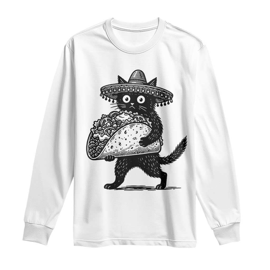 Funny Cinco De Mayo Black Cat With Taco Long Sleeve Shirt Mexican Food Gift TS12 White Print Your Wear