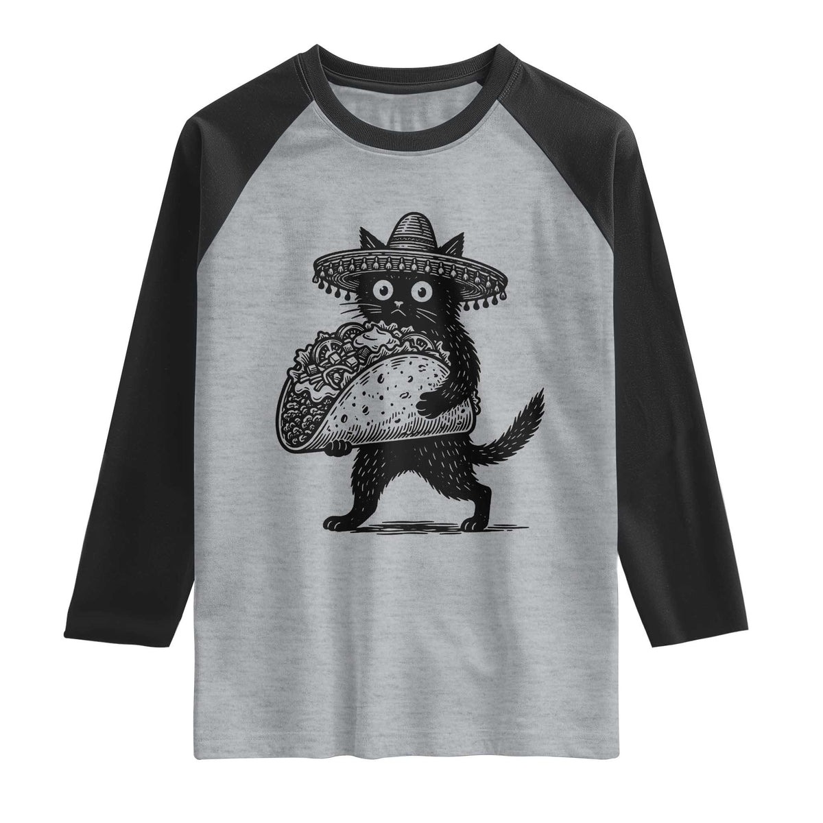 Funny Cinco De Mayo Black Cat With Taco Raglan Shirt Mexican Food Gift TS12 Heather Gray Black Print Your Wear