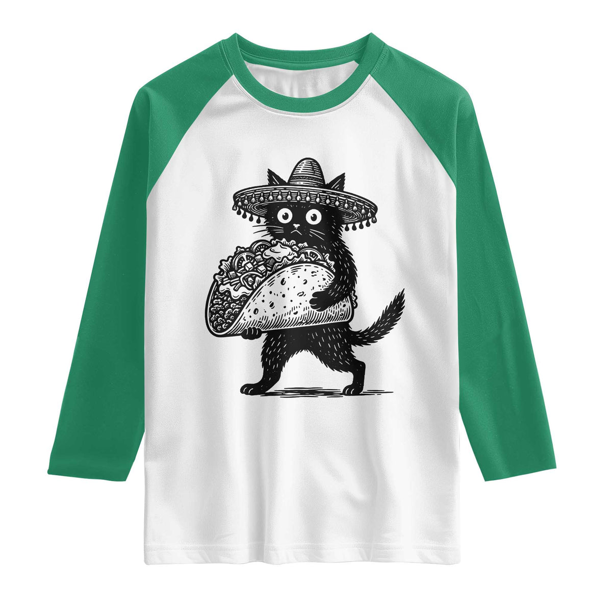 Funny Cinco De Mayo Black Cat With Taco Raglan Shirt Mexican Food Gift TS12 White Kelly Green Print Your Wear