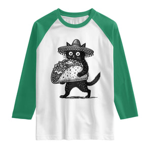 Funny Cinco De Mayo Black Cat With Taco Raglan Shirt Mexican Food Gift TS12 White Kelly Green Print Your Wear