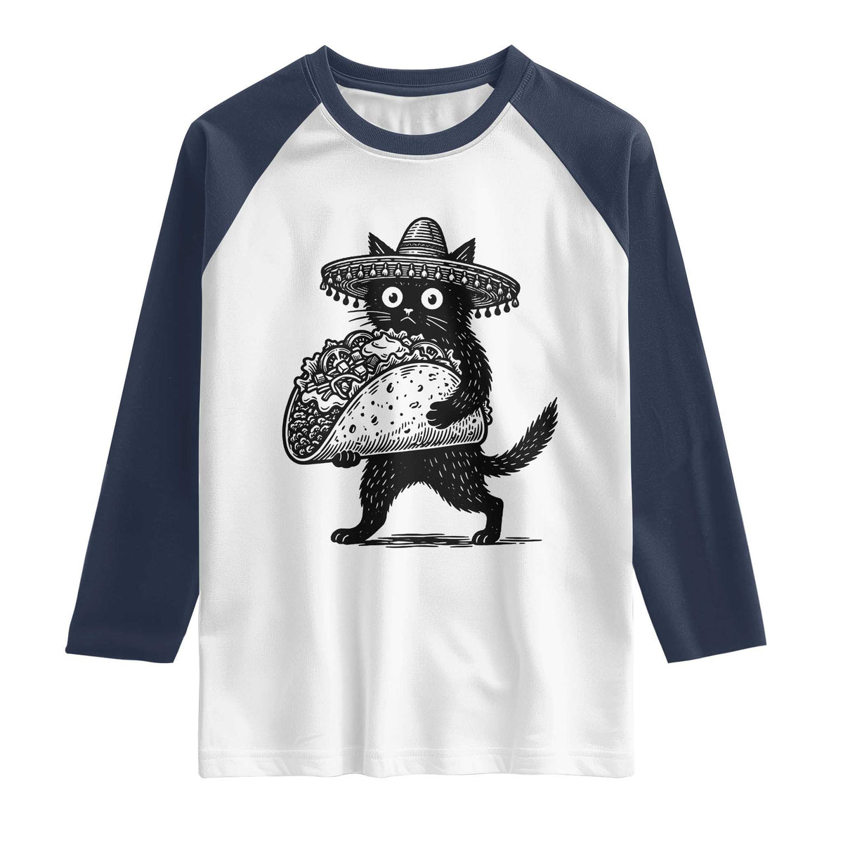 Funny Cinco De Mayo Black Cat With Taco Raglan Shirt Mexican Food Gift TS12 White Navy Print Your Wear