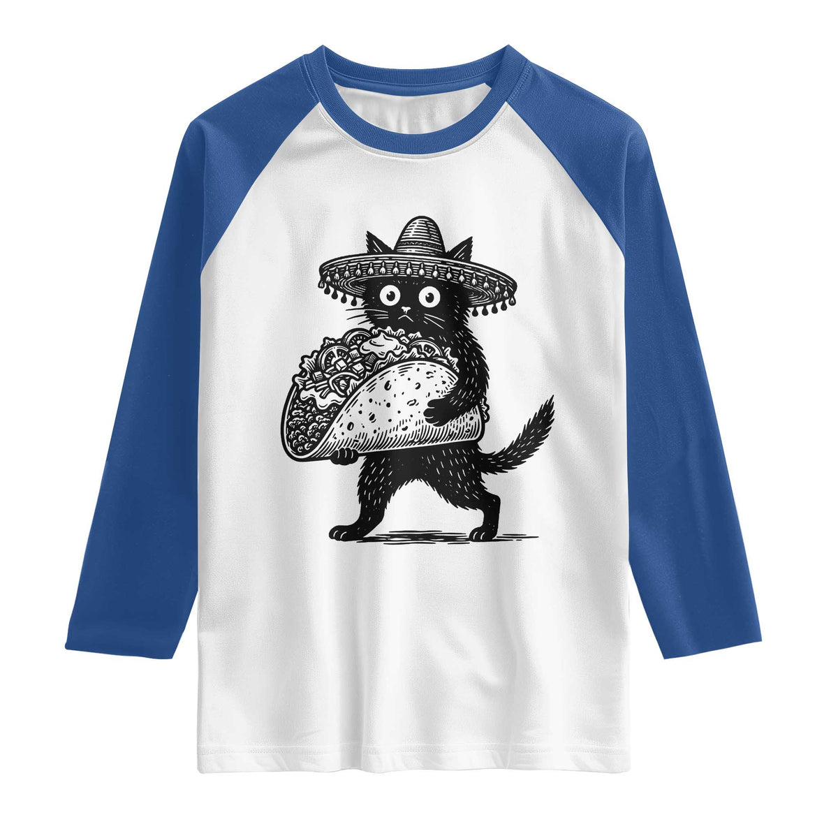 Funny Cinco De Mayo Black Cat With Taco Raglan Shirt Mexican Food Gift TS12 White Royal Print Your Wear