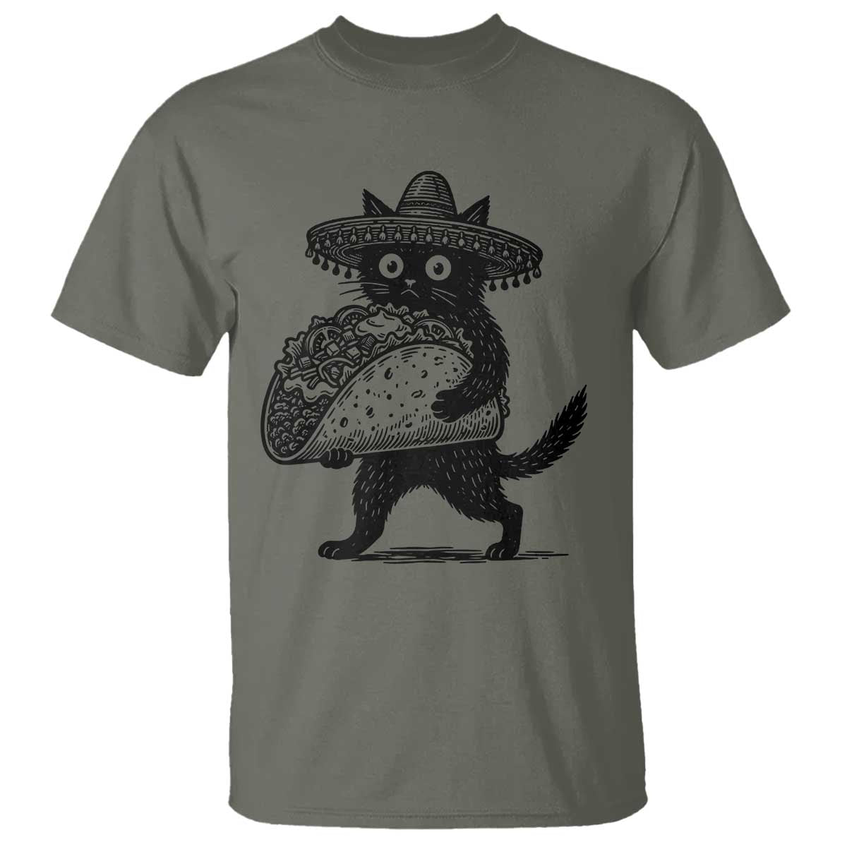 Funny Cinco De Mayo Black Cat With Taco T Shirt Mexican Food Gift TS12 Military Green Print Your Wear