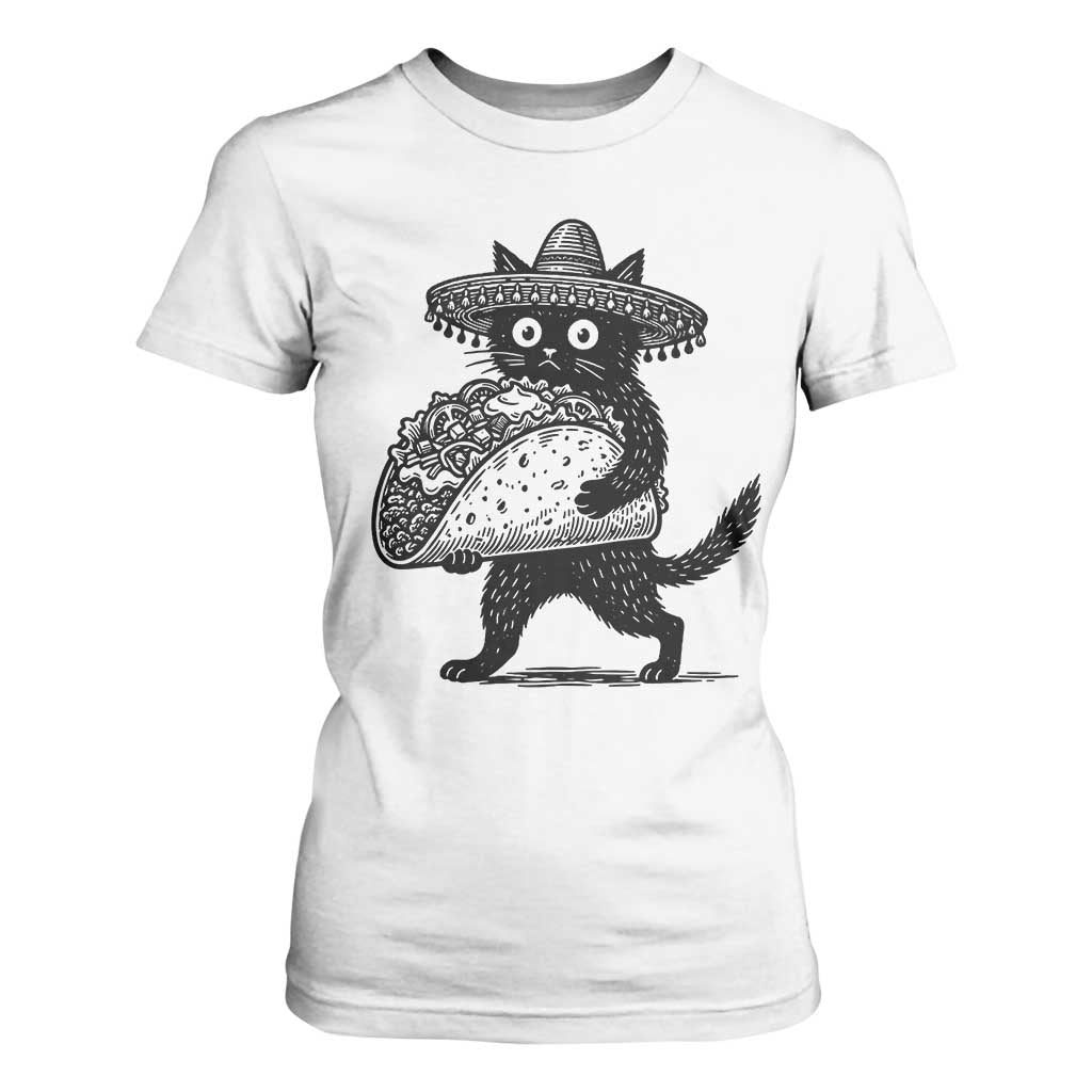 Funny Cinco De Mayo Black Cat With Taco T Shirt For Women Mexican Food Gift TS12 White Print Your Wear