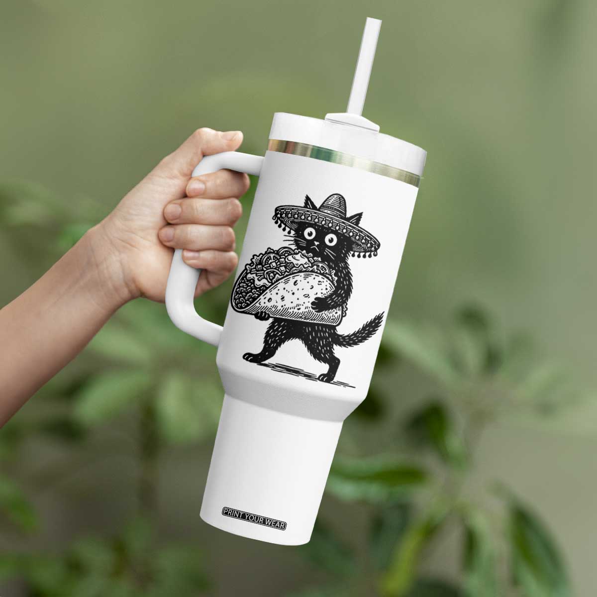 Funny Cinco De Mayo Black Cat With Taco Tumbler With Handle Mexican Food Gift TS12 Print Your Wear