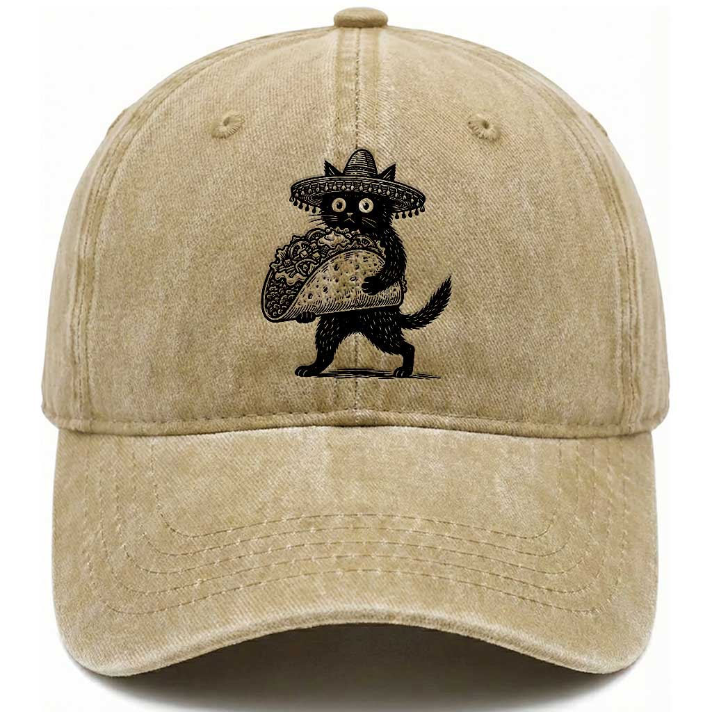 Funny Cinco De Mayo Black Cat With Taco Washed Cotton Baseball Cap Mexican Food Gift TS12 Print Your Wear