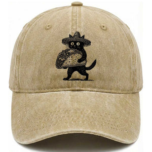 Funny Cinco De Mayo Black Cat With Taco Washed Cotton Baseball Cap Mexican Food Gift TS12 Print Your Wear