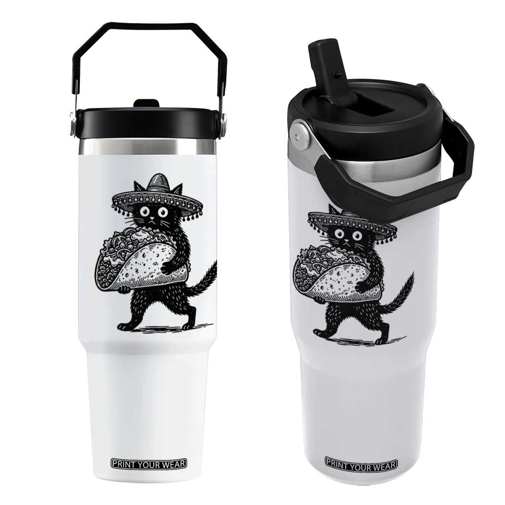 Funny Cinco De Mayo Black Cat With Taco Flip Straw Tumbler Mexican Food Gift TS12 One Size: 30 oz White Print Your Wear