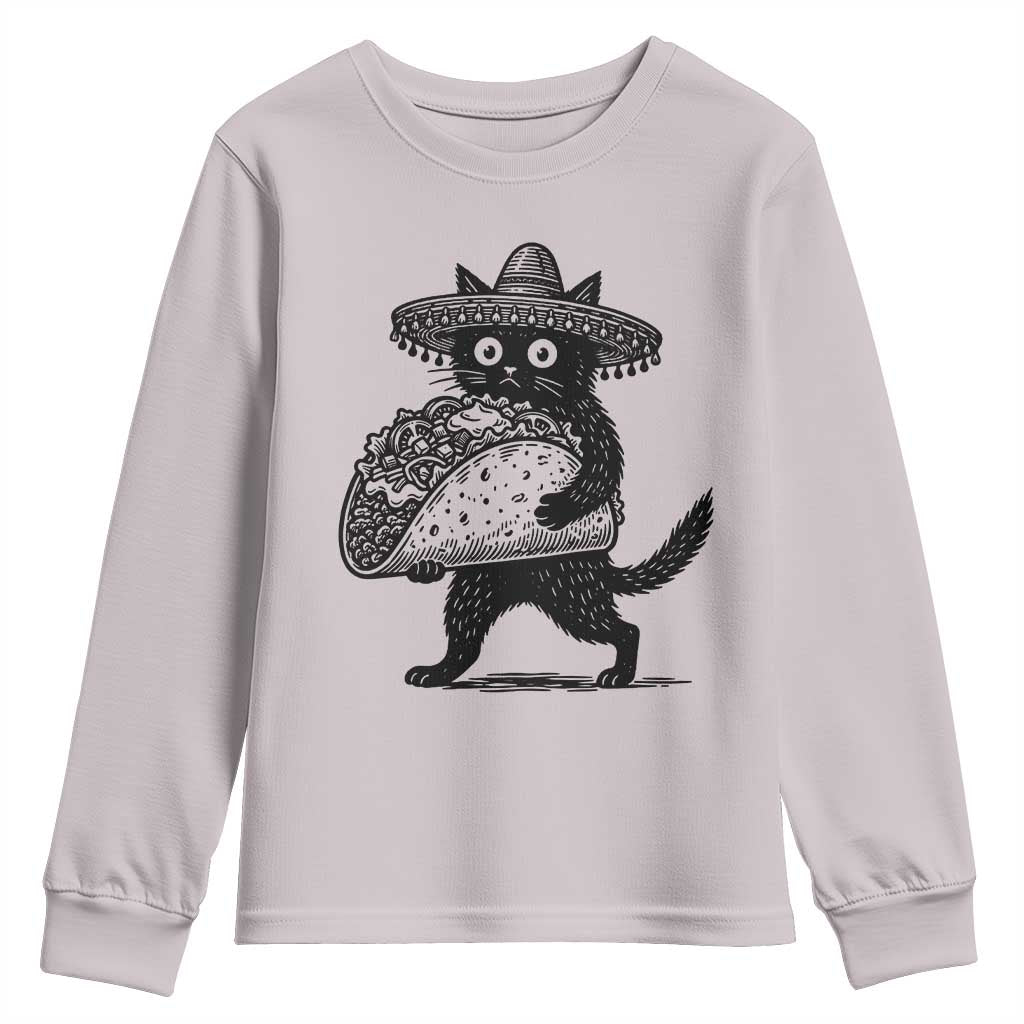 Funny Cinco De Mayo Black Cat With Taco Youth Sweatshirt Mexican Food Gift TS12 Ice Gray Print Your Wear