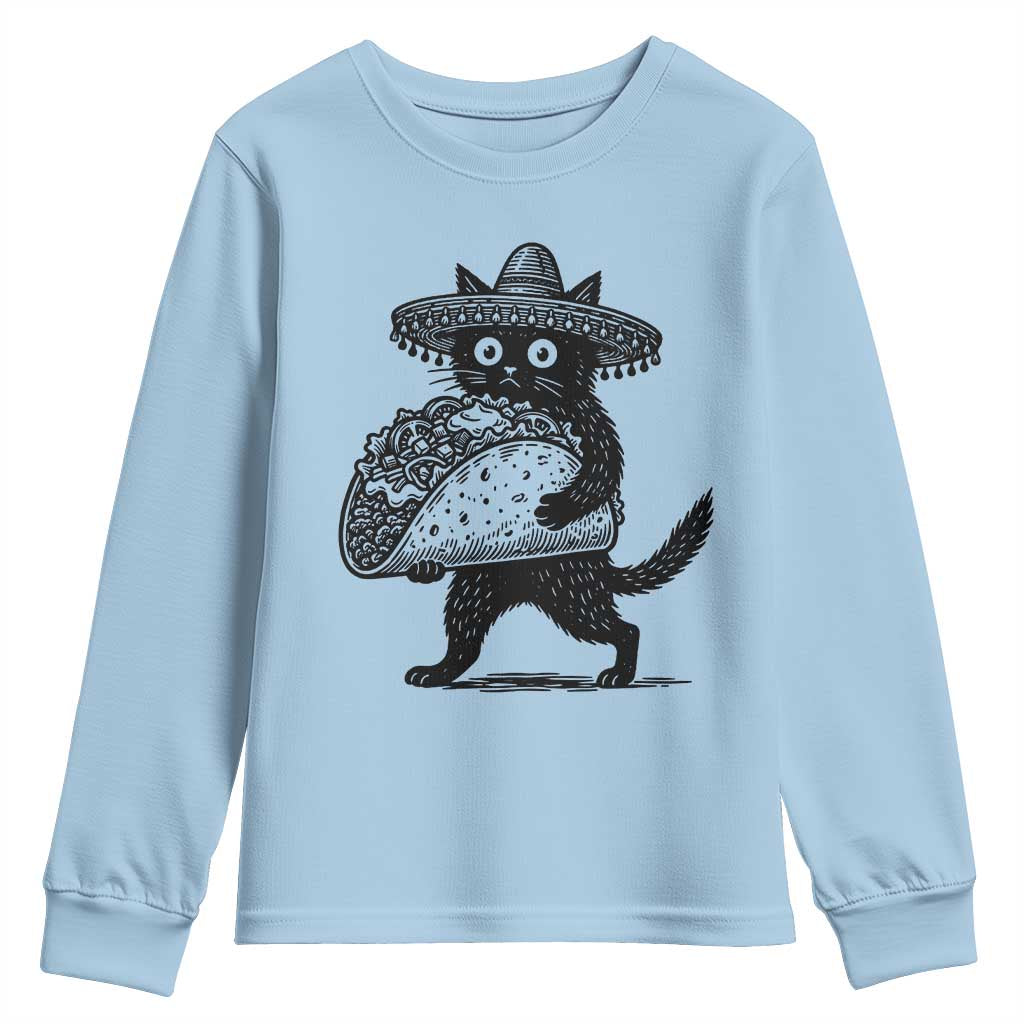 Funny Cinco De Mayo Black Cat With Taco Youth Sweatshirt Mexican Food Gift TS12 Light Blue Print Your Wear