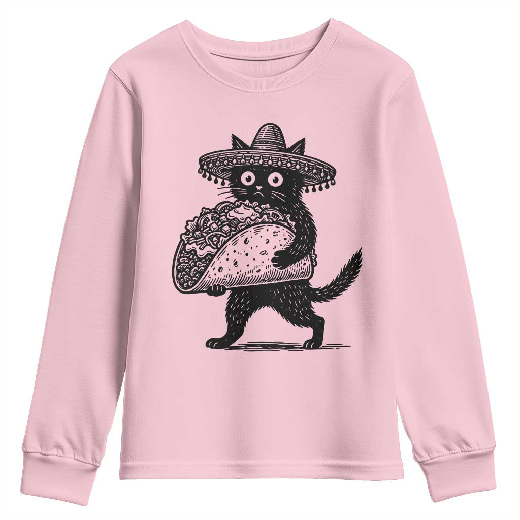 Funny Cinco De Mayo Black Cat With Taco Youth Sweatshirt Mexican Food Gift TS12 Light Pink Print Your Wear