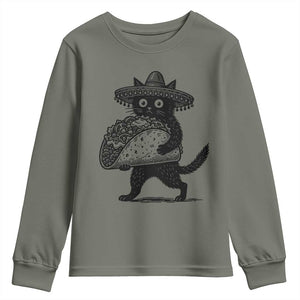 Funny Cinco De Mayo Black Cat With Taco Youth Sweatshirt Mexican Food Gift TS12 Military Green Print Your Wear