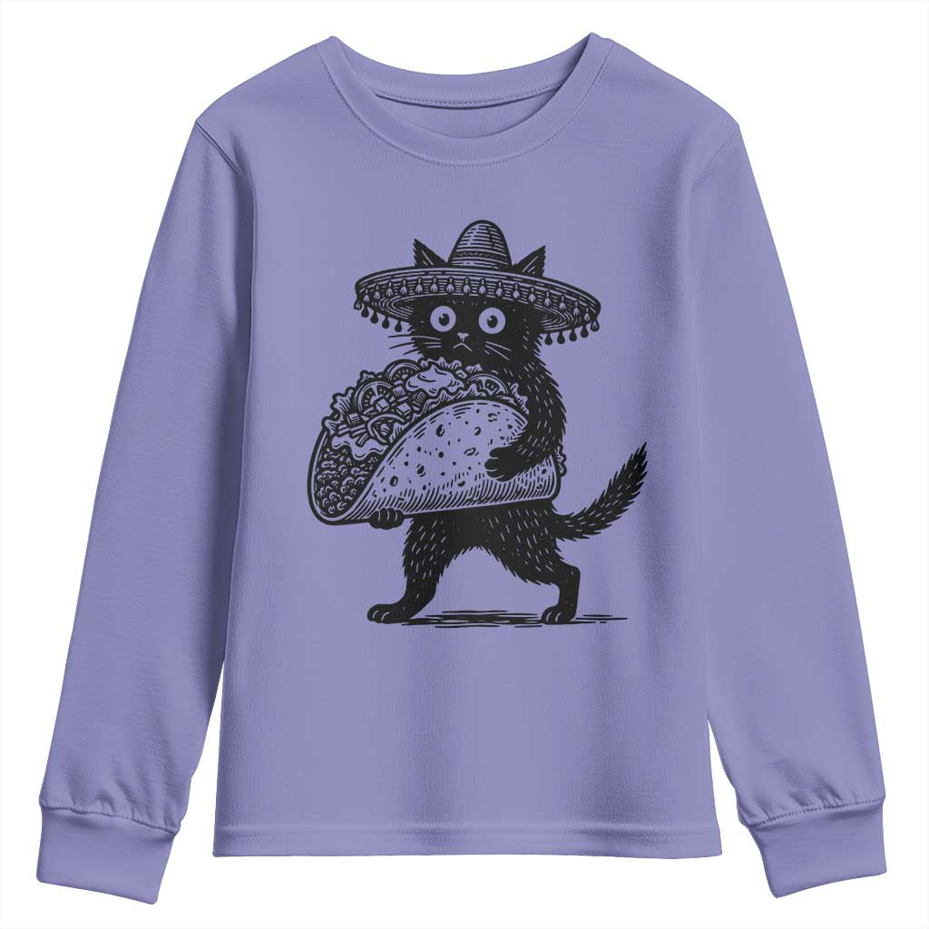 Funny Cinco De Mayo Black Cat With Taco Youth Sweatshirt Mexican Food Gift TS12 Violet Print Your Wear