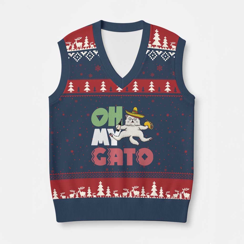 Funny Cinco De Mayo Drunk Cat V-Neck Knit Sweater Vest Oh My Gato TS12 Navy Red Print Your Wear