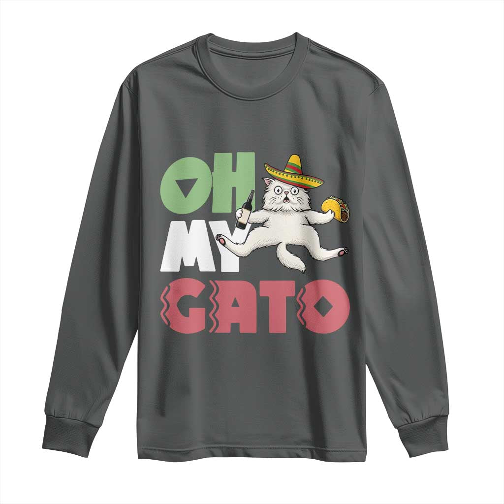 Funny Cinco De Mayo Drunk Cat Long Sleeve Shirt Oh My Gato TS12 Dark Heather Print Your Wear