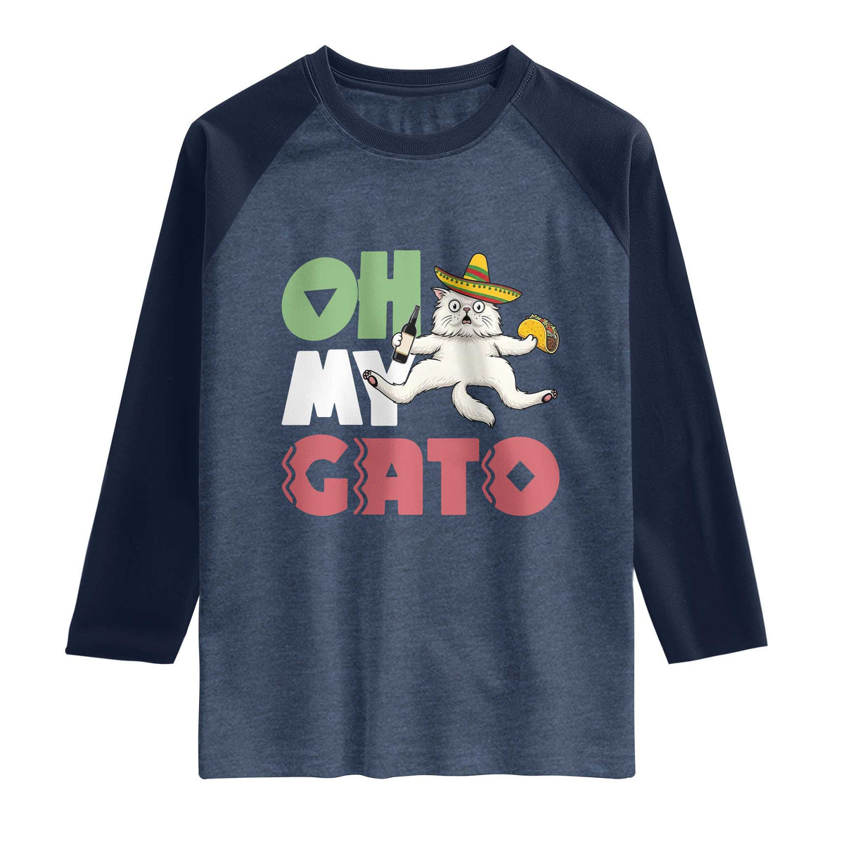 Funny Cinco De Mayo Drunk Cat Raglan Shirt Oh My Gato TS12 Heather Denim Navy Print Your Wear