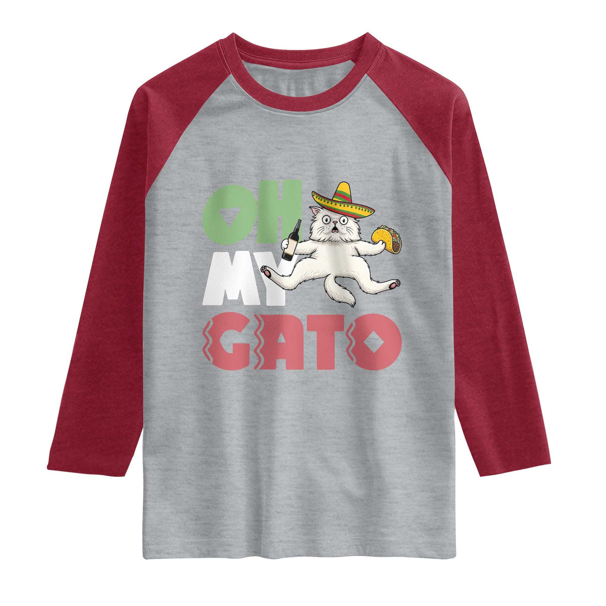 Funny Cinco De Mayo Drunk Cat Raglan Shirt Oh My Gato TS12 Heather Gray Heather Red Print Your Wear