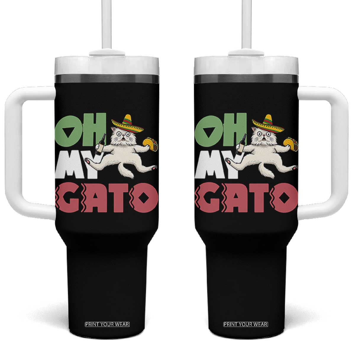 Funny Cinco De Mayo Drunk Cat Tumbler With Handle Oh My Gato TS12 One Size: 40 oz Black Print Your Wear