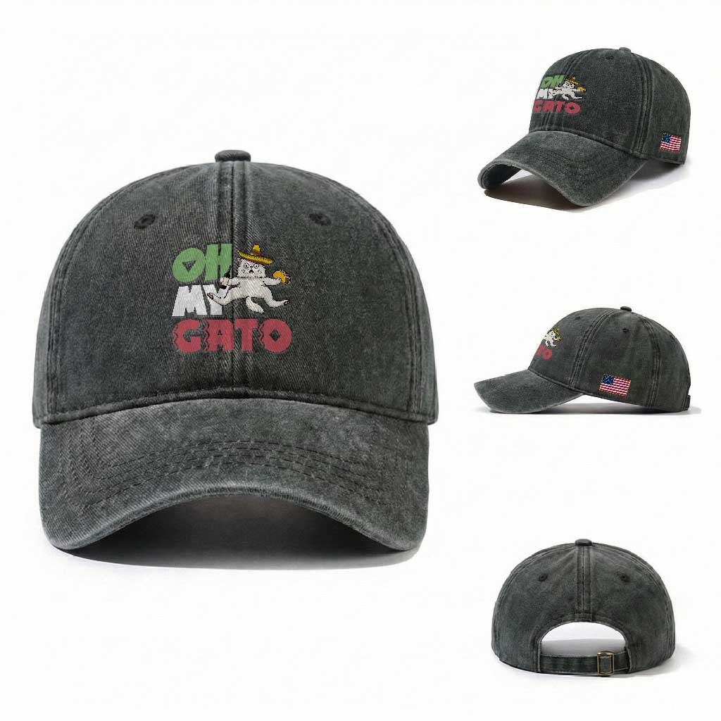 Funny Cinco De Mayo Drunk Cat Washed Cotton Baseball Cap Oh My Gato TS12 Washed Cap Universal Fit Dark Green Print Your Wear