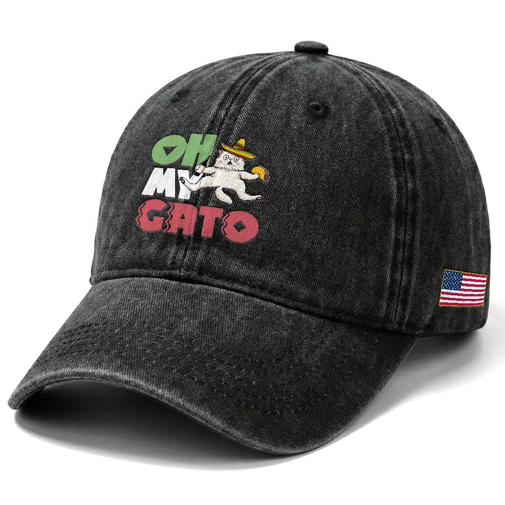 Funny Cinco De Mayo Drunk Cat Washed Cotton Baseball Cap Oh My Gato TS12 Print Your Wear