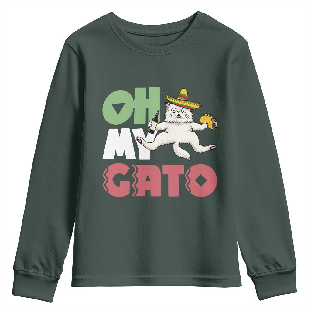 Funny Cinco De Mayo Drunk Cat Youth Sweatshirt Oh My Gato TS12 Dark Forest Green Print Your Wear
