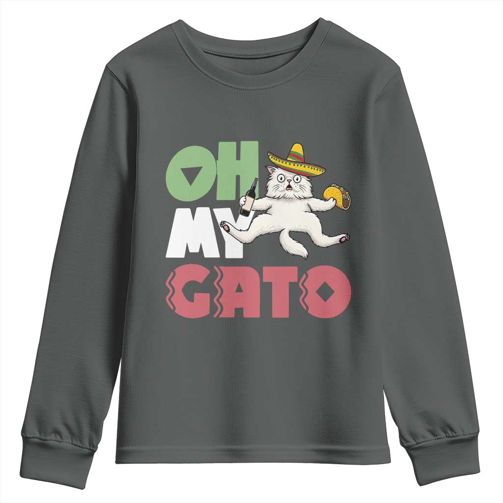 Funny Cinco De Mayo Drunk Cat Youth Sweatshirt Oh My Gato TS12 Dark Heather Print Your Wear