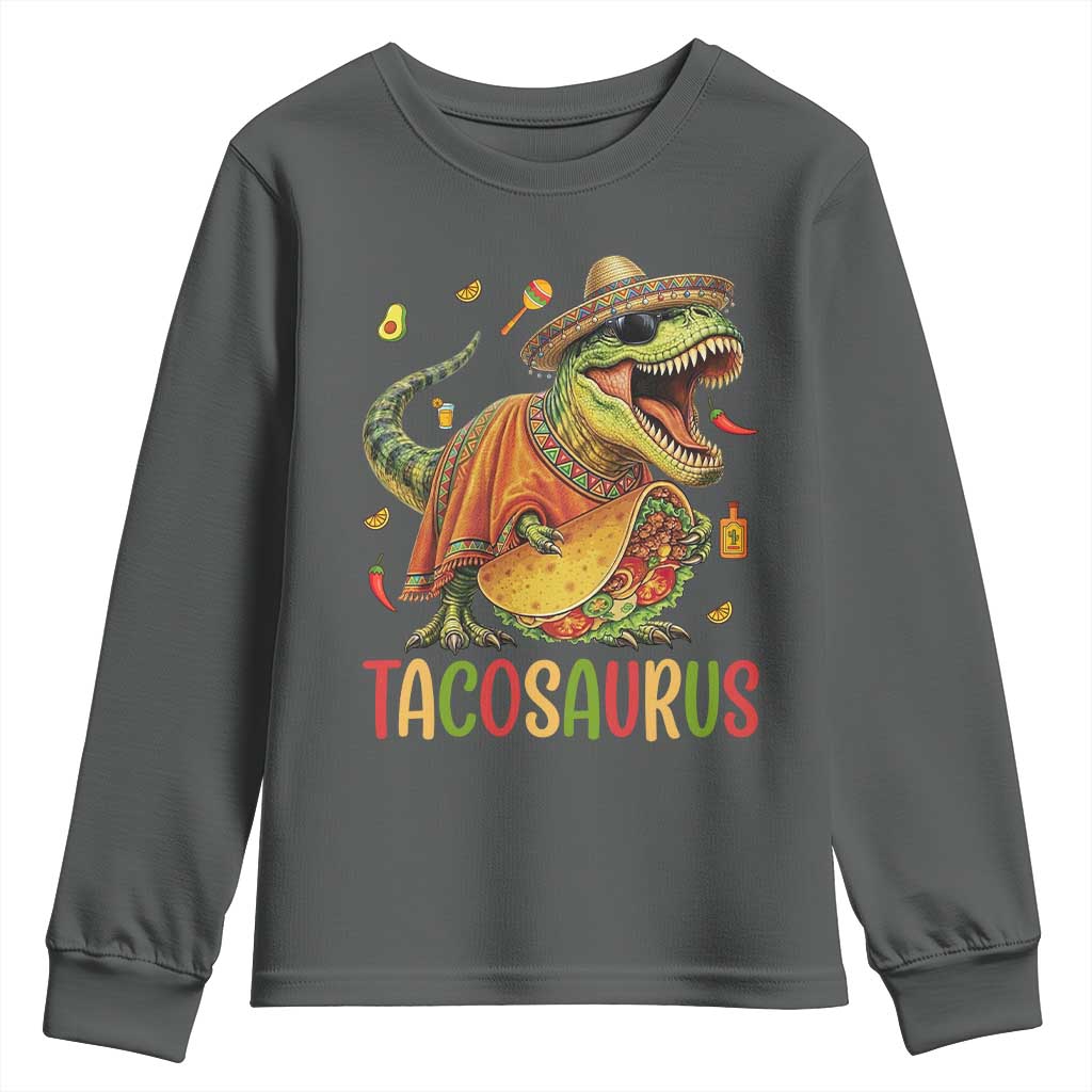 Cinco De Mayo Tacosaurus Youth Sweatshirt Funny Dinosaur Taco Lover Gift TS12 Dark Heather Print Your Wear