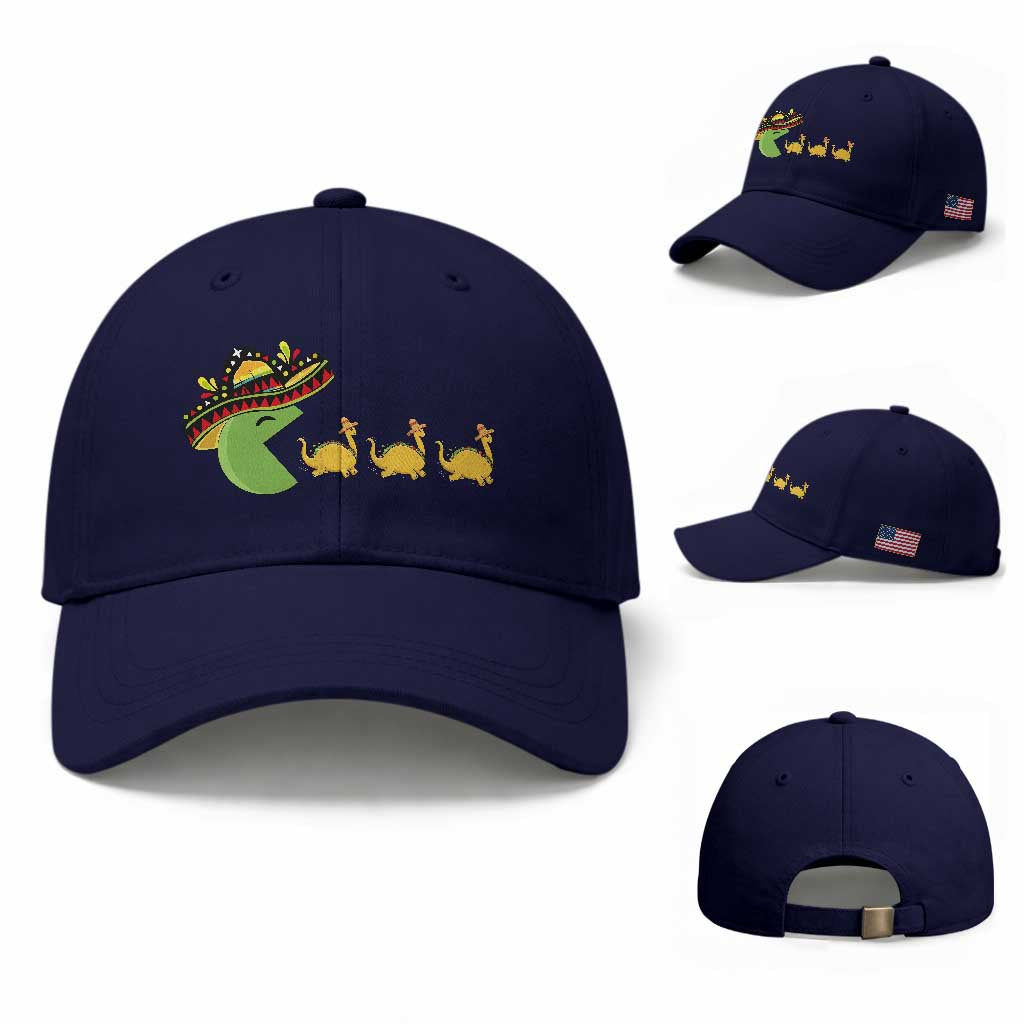 Funny Retro Game Tacosaurus Baseball Cap Cinco De Mayo Taco Lover Gift TS12 Baseball Cap Universal Fit Dark Blue Print Your Wear