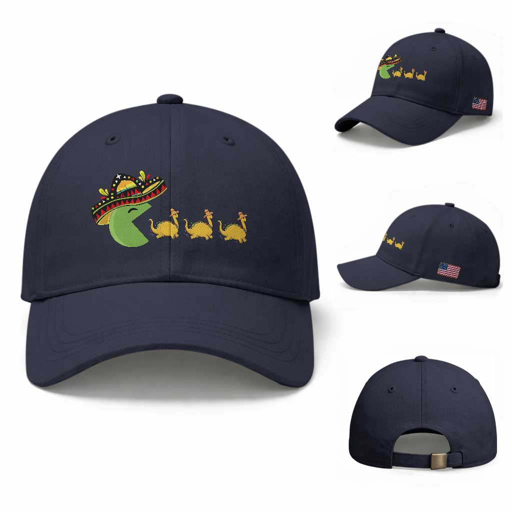 Funny Retro Game Tacosaurus Baseball Cap Cinco De Mayo Taco Lover Gift TS12 Baseball Cap Universal Fit Navy Print Your Wear