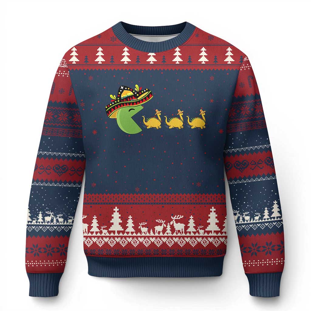 Funny Retro Game Tacosaurus Ugly Christmas Sweater Cinco De Mayo Taco Lover Gift TS12 Navy Red Print Your Wear