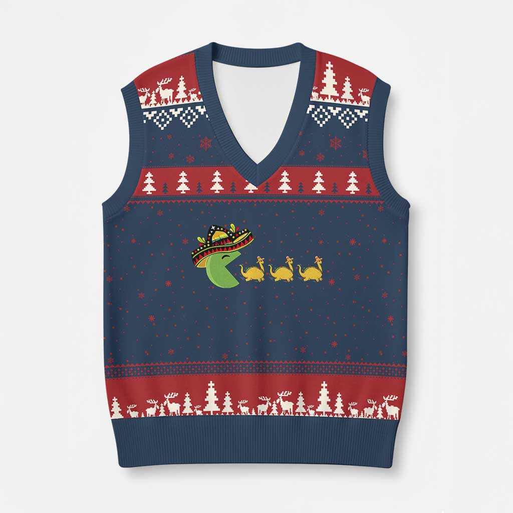 Funny Retro Game Tacosaurus V-Neck Knit Sweater Vest Cinco De Mayo Taco Lover Gift TS12 Navy Red Print Your Wear
