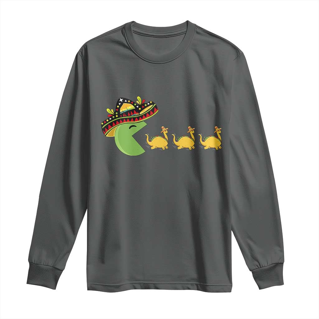 Funny Retro Game Tacosaurus Long Sleeve Shirt Cinco De Mayo Taco Lover Gift TS12 Dark Heather Print Your Wear