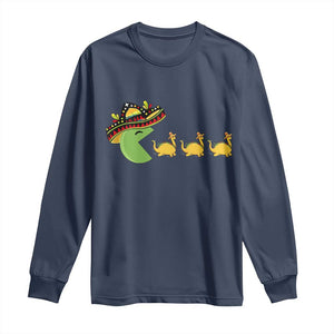 Funny Retro Game Tacosaurus Long Sleeve Shirt Cinco De Mayo Taco Lover Gift TS12 Navy Print Your Wear