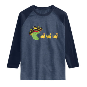 Funny Retro Game Tacosaurus Raglan Shirt Cinco De Mayo Taco Lover Gift TS12 Heather Denim Navy Print Your Wear